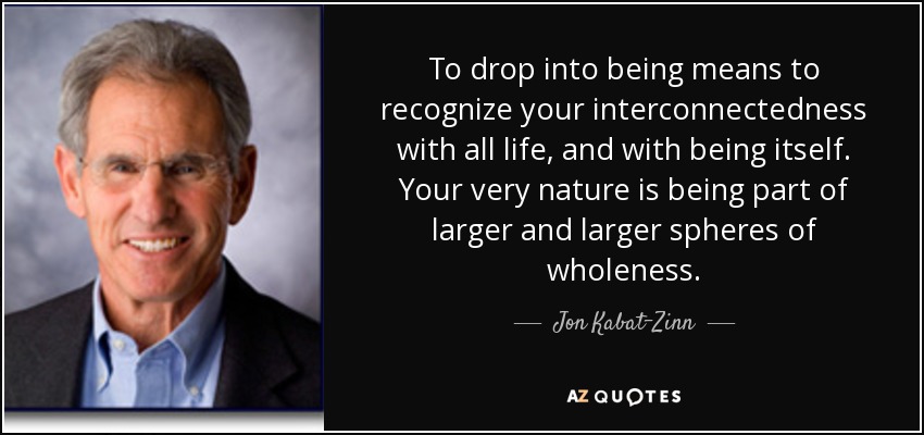 To drop into being means to recognize your interconnectedness with all life, and with being itself. Your very nature is being part of larger and larger spheres of wholeness. - Jon Kabat-Zinn
