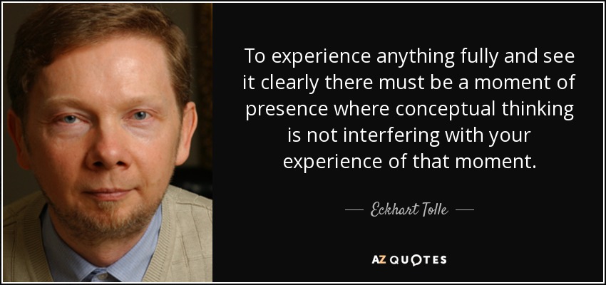 To experience anything fully and see it clearly there must be a moment of presence where conceptual thinking is not interfering with your experience of that moment. - Eckhart Tolle