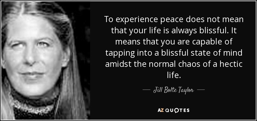 To experience peace does not mean that your life is always blissful. It means that you are capable of tapping into a blissful state of mind amidst the normal chaos of a hectic life. - Jill Bolte Taylor
