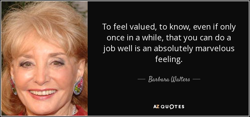 To feel valued, to know, even if only once in a while, that you can do a job well is an absolutely marvelous feeling. - Barbara Walters