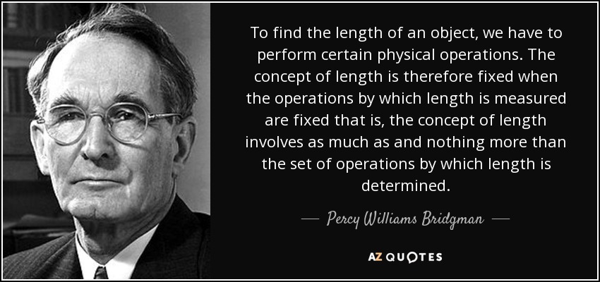 To find the length of an object, we have to perform certain physical operations. The concept of length is therefore fixed when the operations by which length is measured are fixed that is, the concept of length involves as much as and nothing more than the set of operations by which length is determined. - Percy Williams Bridgman