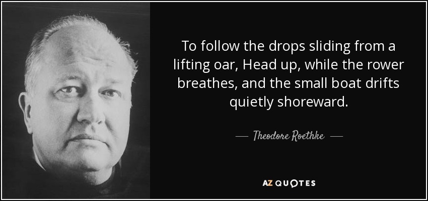 To follow the drops sliding from a lifting oar, Head up, while the rower breathes, and the small boat drifts quietly shoreward. - Theodore Roethke