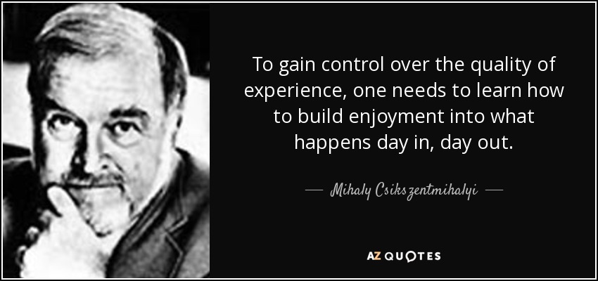 To gain control over the quality of experience, one needs to learn how to build enjoyment into what happens day in, day out. - Mihaly Csikszentmihalyi