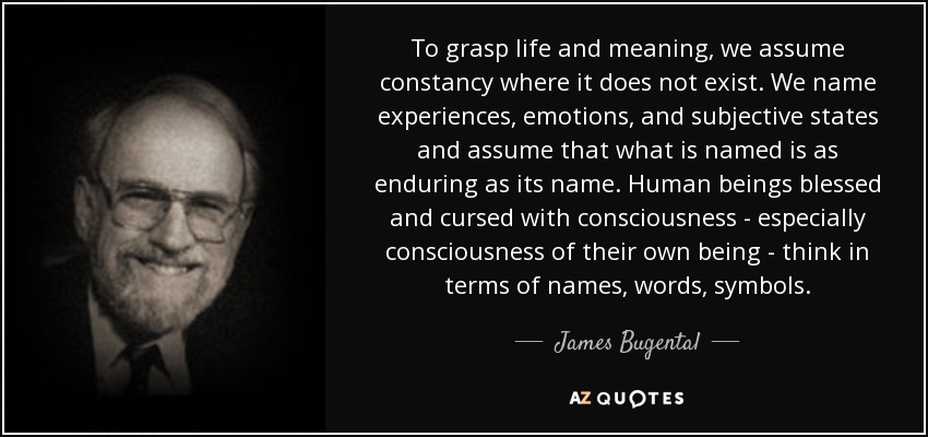 To grasp life and meaning, we assume constancy where it does not exist. We name experiences, emotions, and subjective states and assume that what is named is as enduring as its name. Human beings blessed and cursed with consciousness - especially consciousness of their own being - think in terms of names, words, symbols. - James Bugental