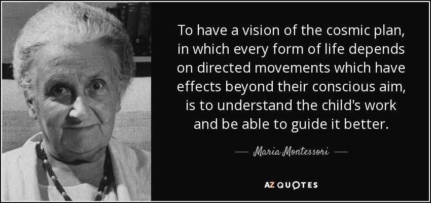To have a vision of the cosmic plan, in which every form of life depends on directed movements which have effects beyond their conscious aim, is to understand the child's work and be able to guide it better. - Maria Montessori