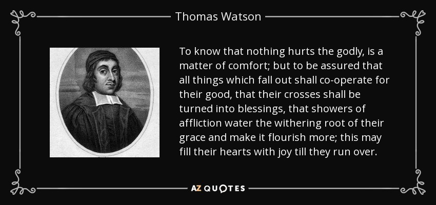 To know that nothing hurts the godly, is a matter of comfort; but to be assured that all things which fall out shall co-operate for their good, that their crosses shall be turned into blessings, that showers of affliction water the withering root of their grace and make it flourish more; this may fill their hearts with joy till they run over. - Thomas Watson