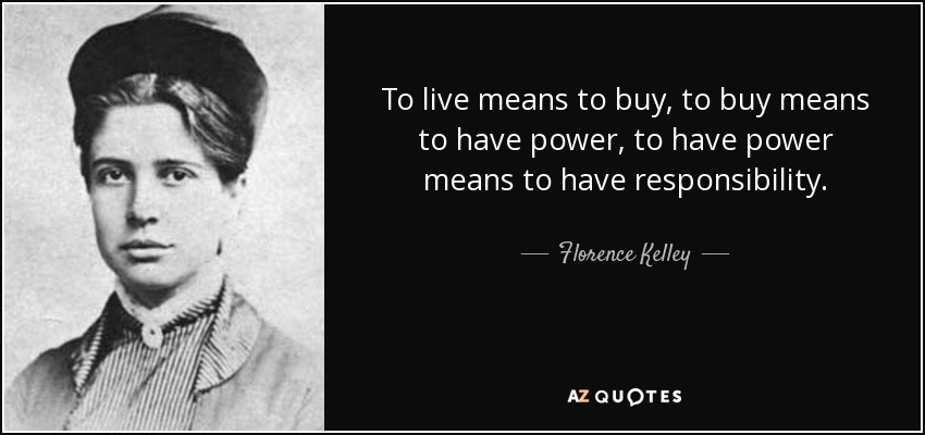 To live means to buy, to buy means to have power, to have power means to have responsibility. - Florence Kelley