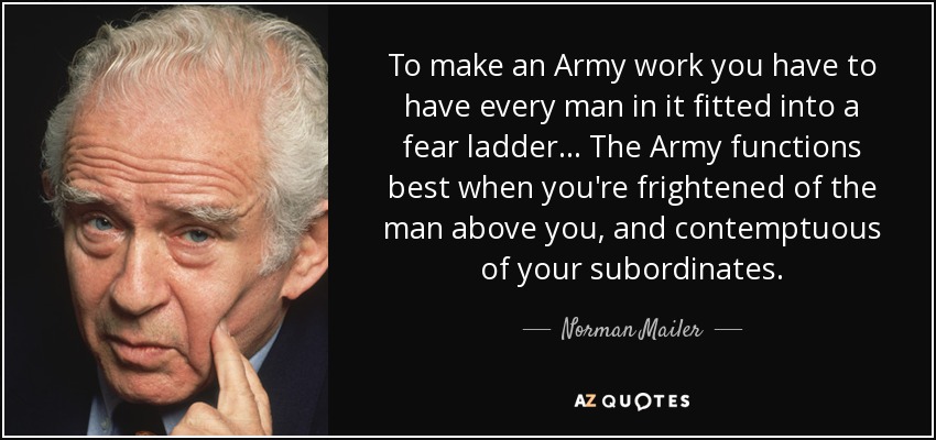 To make an Army work you have to have every man in it fitted into a fear ladder... The Army functions best when you're frightened of the man above you, and contemptuous of your subordinates. - Norman Mailer