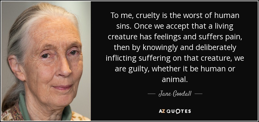 To me, cruelty is the worst of human sins. Once we accept that a living creature has feelings and suffers pain, then by knowingly and deliberately inflicting suffering on that creature, we are guilty, whether it be human or animal. - Jane Goodall