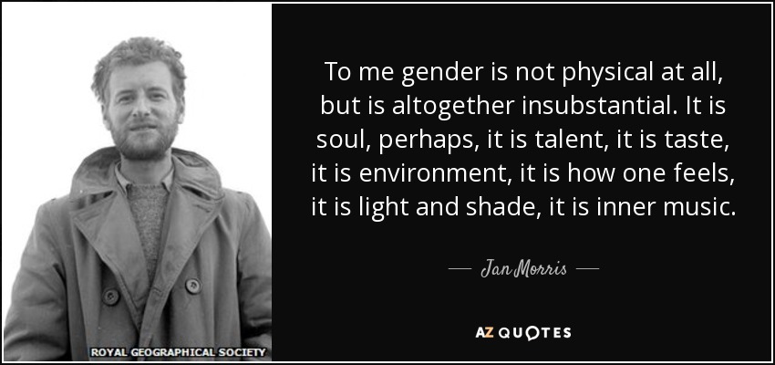 To me gender is not physical at all, but is altogether insubstantial. It is soul, perhaps, it is talent, it is taste, it is environment, it is how one feels, it is light and shade, it is inner music. - Jan Morris