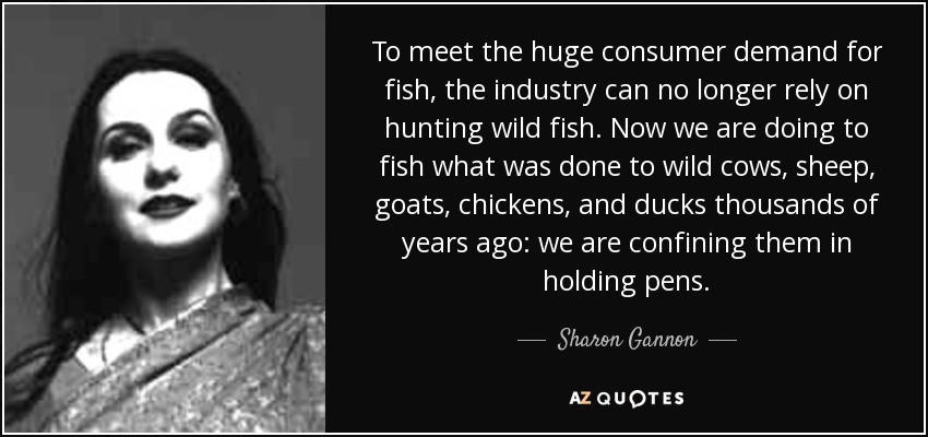To meet the huge consumer demand for fish, the industry can no longer rely on hunting wild fish. Now we are doing to fish what was done to wild cows, sheep, goats, chickens, and ducks thousands of years ago: we are confining them in holding pens. - Sharon Gannon
