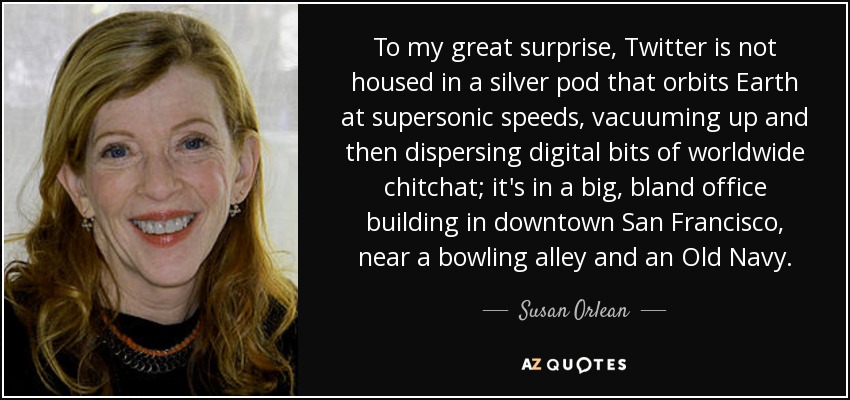 To my great surprise, Twitter is not housed in a silver pod that orbits Earth at supersonic speeds, vacuuming up and then dispersing digital bits of worldwide chitchat; it's in a big, bland office building in downtown San Francisco, near a bowling alley and an Old Navy. - Susan Orlean