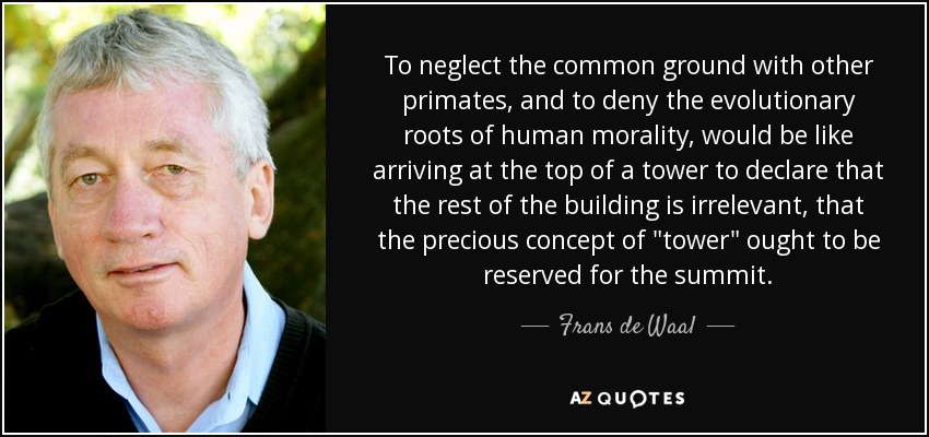 To neglect the common ground with other primates, and to deny the evolutionary roots of human morality, would be like arriving at the top of a tower to declare that the rest of the building is irrelevant, that the precious concept of 