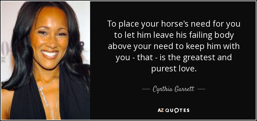 To place your horse's need for you to let him leave his failing body above your need to keep him with you - that - is the greatest and purest love. - Cynthia Garrett