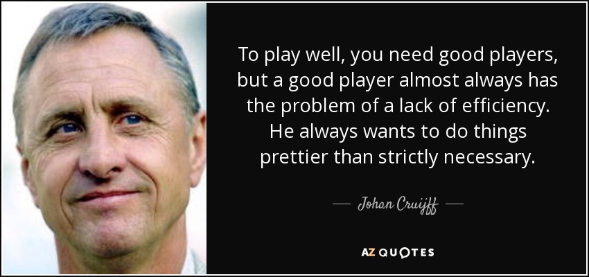 To play well, you need good players, but a good player almost always has the problem of a lack of efficiency. He always wants to do things prettier than strictly necessary. - Johan Cruijff