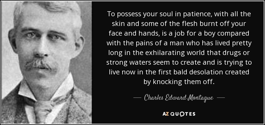 To possess your soul in patience, with all the skin and some of the flesh burnt off your face and hands, is a job for a boy compared with the pains of a man who has lived pretty long in the exhilarating world that drugs or strong waters seem to create and is trying to live now in the first bald desolation created by knocking them off. - Charles Edward Montague