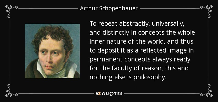 To repeat abstractly, universally, and distinctly in concepts the whole inner nature of the world , and thus to deposit it as a reflected image in permanent concepts always ready for the faculty of reason , this and nothing else is philosophy. - Arthur Schopenhauer