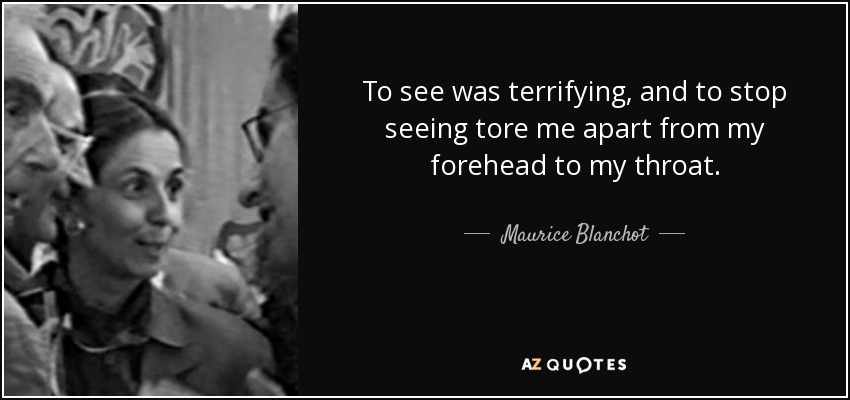 To see was terrifying, and to stop seeing tore me apart from my forehead to my throat. - Maurice Blanchot