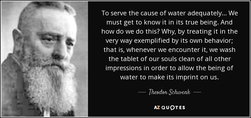 To serve the cause of water adequately... We must get to know it in its true being. And how do we do this? Why, by treating it in the very way exemplified by its own behavior; that is, whenever we encounter it, we wash the tablet of our souls clean of all other impressions in order to allow the being of water to make its imprint on us. - Theodor Schwenk