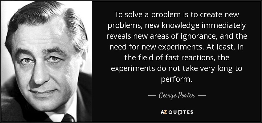 To solve a problem is to create new problems, new knowledge immediately reveals new areas of ignorance, and the need for new experiments. At least, in the field of fast reactions, the experiments do not take very long to perform. - George Porter