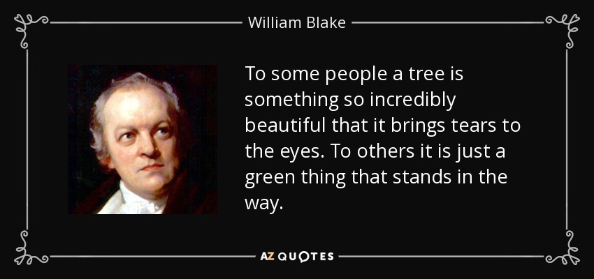 To some people a tree is something so incredibly beautiful that it brings tears to the eyes. To others it is just a green thing that stands in the way. - William Blake