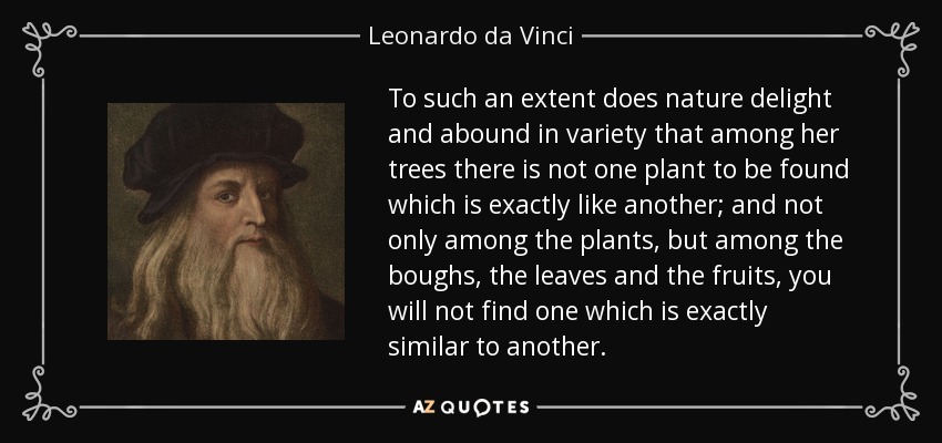 To such an extent does nature delight and abound in variety that among her trees there is not one plant to be found which is exactly like another; and not only among the plants, but among the boughs, the leaves and the fruits, you will not find one which is exactly similar to another. - Leonardo da Vinci