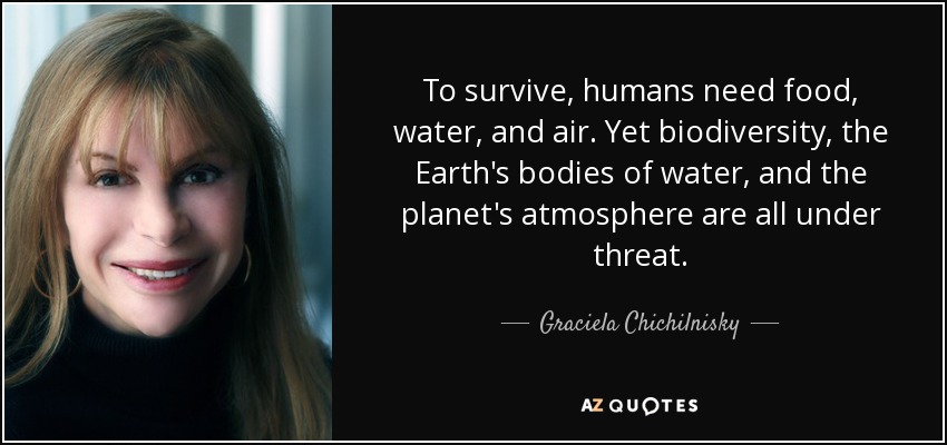To survive, humans need food, water, and air. Yet biodiversity, the Earth's bodies of water, and the planet's atmosphere are all under threat. - Graciela Chichilnisky