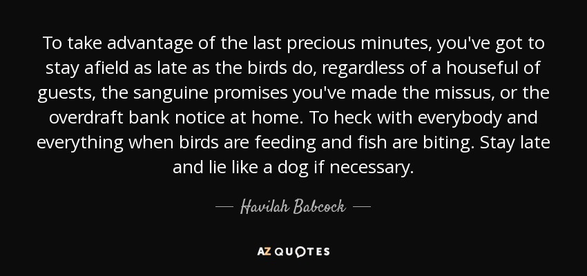 To take advantage of the last precious minutes, you've got to stay afield as late as the birds do, regardless of a houseful of guests, the sanguine promises you've made the missus, or the overdraft bank notice at home. To heck with everybody and everything when birds are feeding and fish are biting. Stay late and lie like a dog if necessary. - Havilah Babcock