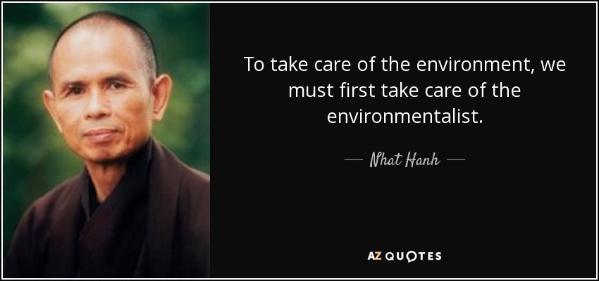 To take care of the environment, we must first take care of the environmentalist. - Nhat Hanh