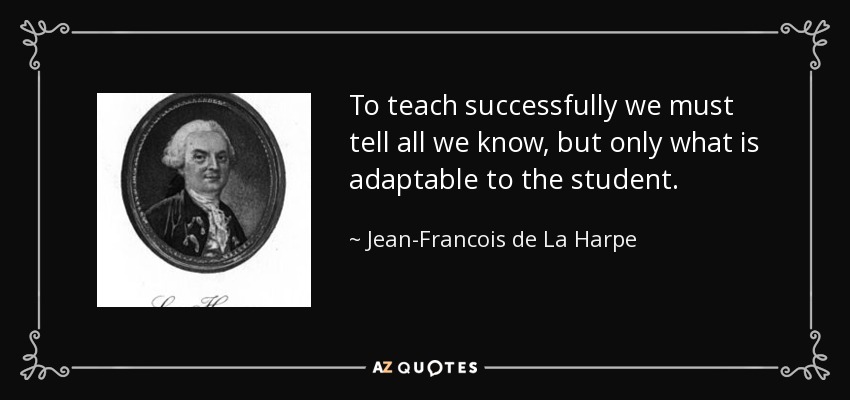 To teach successfully we must tell all we know, but only what is adaptable to the student. - Jean-Francois de La Harpe