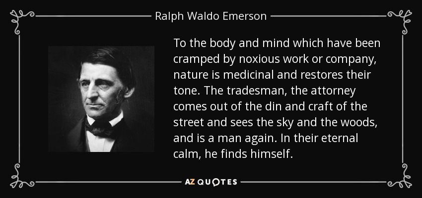 To the body and mind which have been cramped by noxious work or company, nature is medicinal and restores their tone. The tradesman, the attorney comes out of the din and craft of the street and sees the sky and the woods, and is a man again. In their eternal calm, he finds himself. - Ralph Waldo Emerson