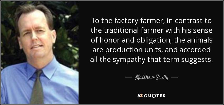 To the factory farmer, in contrast to the traditional farmer with his sense of honor and obligation, the animals are production units, and accorded all the sympathy that term suggests. - Matthew Scully