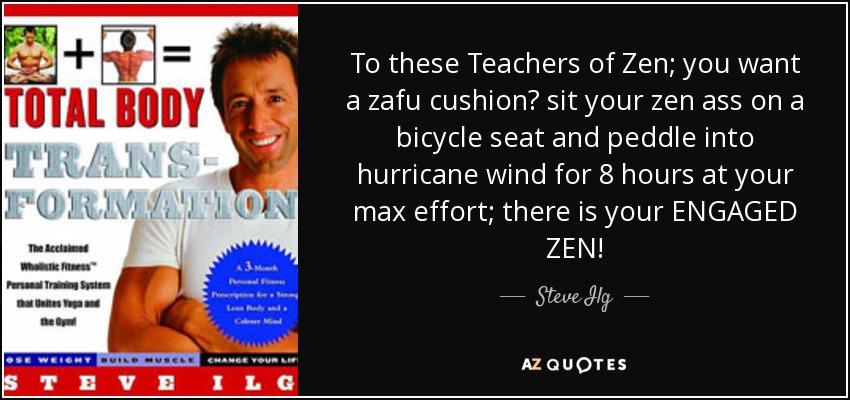 To these Teachers of Zen; you want a zafu cushion? sit your zen ass on a bicycle seat and peddle into hurricane wind for 8 hours at your max effort; there is your ENGAGED ZEN! - Steve Ilg