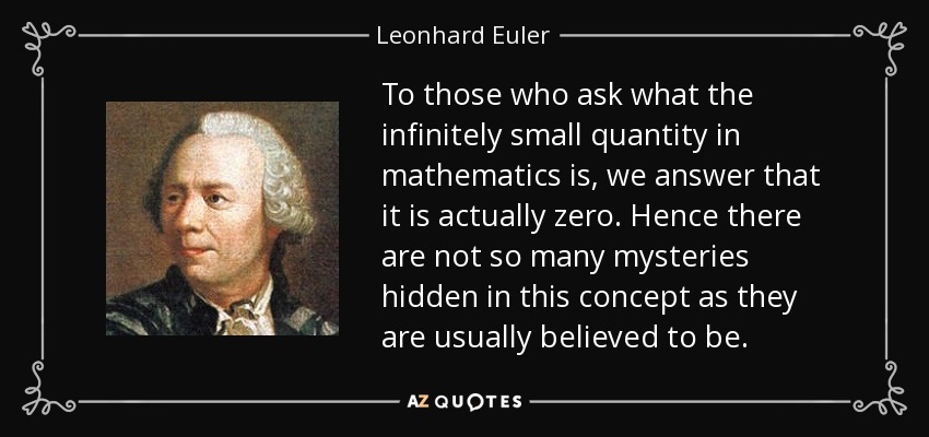 To those who ask what the infinitely small quantity in mathematics is, we answer that it is actually zero. Hence there are not so many mysteries hidden in this concept as they are usually believed to be. - Leonhard Euler