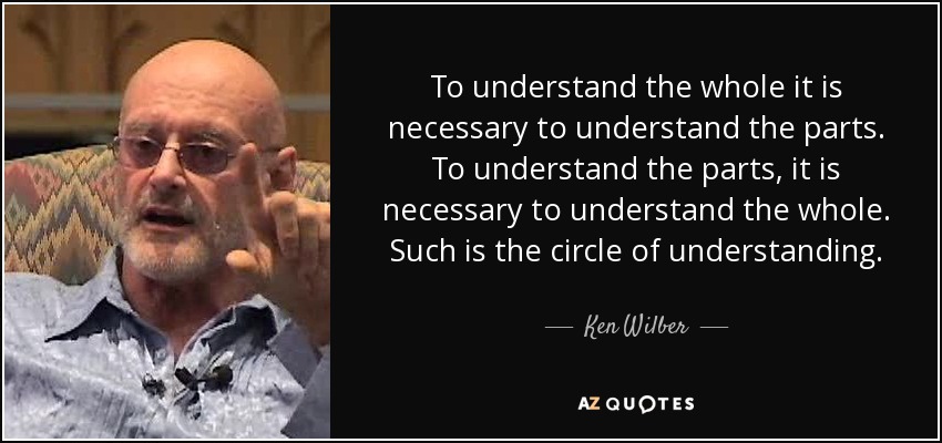 To understand the whole it is necessary to understand the parts. To understand the parts, it is necessary to understand the whole. Such is the circle of understanding. - Ken Wilber