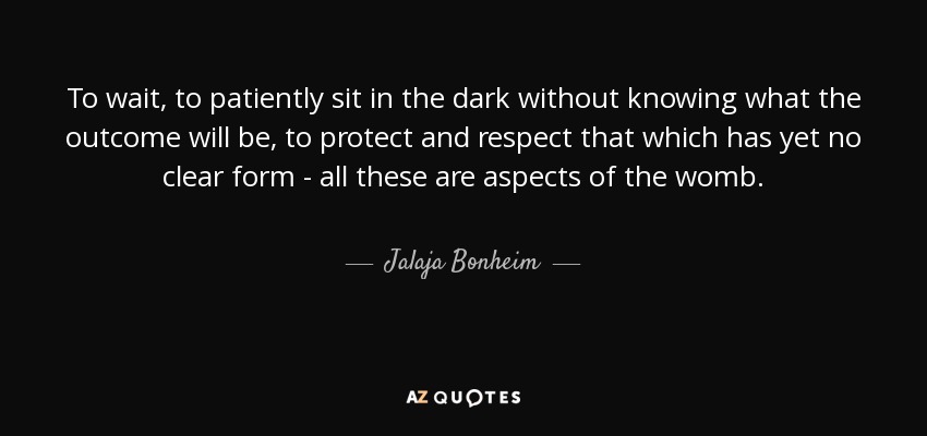 To wait, to patiently sit in the dark without knowing what the outcome will be, to protect and respect that which has yet no clear form - all these are aspects of the womb. - Jalaja Bonheim