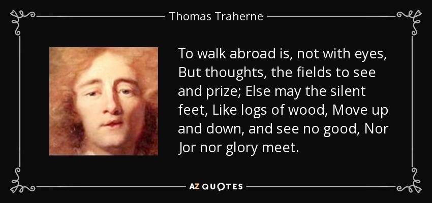 To walk abroad is, not with eyes, But thoughts, the fields to see and prize; Else may the silent feet, Like logs of wood, Move up and down, and see no good, Nor Jor nor glory meet. - Thomas Traherne