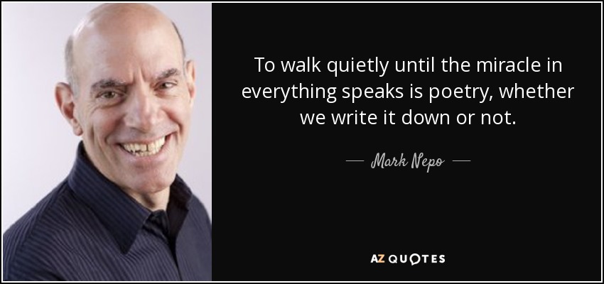 To walk quietly until the miracle in everything speaks is poetry, whether we write it down or not. - Mark Nepo