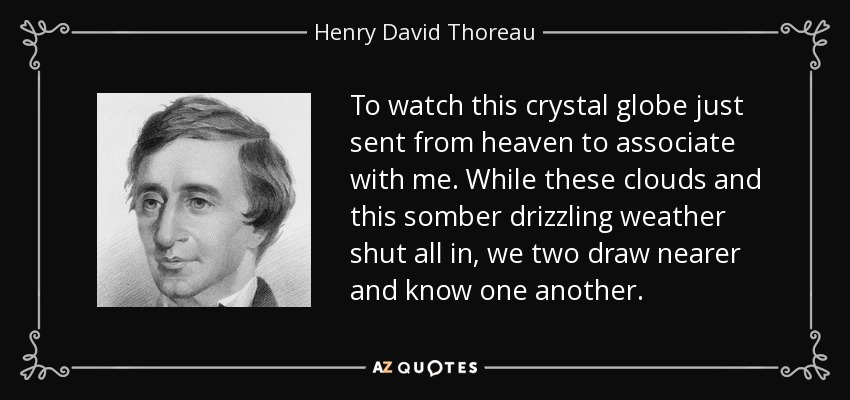 To watch this crystal globe just sent from heaven to associate with me. While these clouds and this somber drizzling weather shut all in, we two draw nearer and know one another. - Henry David Thoreau
