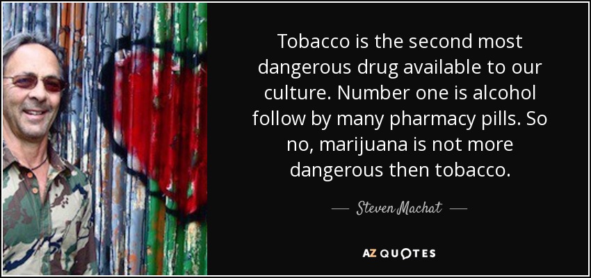 Tobacco is the second most dangerous drug available to our culture. Number one is alcohol follow by many pharmacy pills. So no, marijuana is not more dangerous then tobacco. - Steven Machat