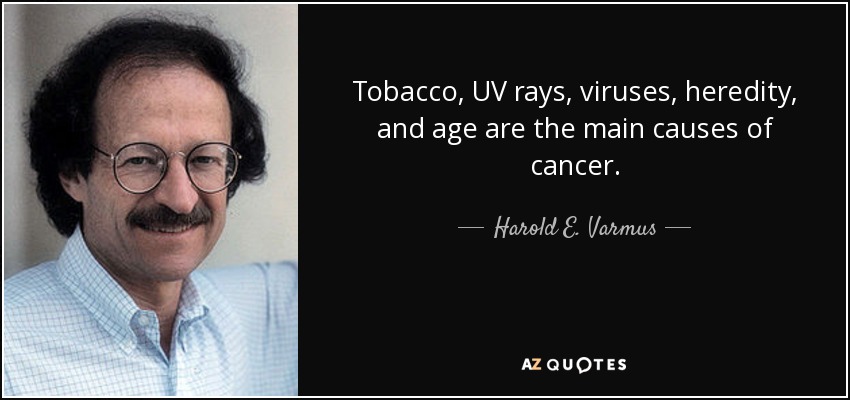 Tobacco, UV rays, viruses, heredity, and age are the main causes of cancer. - Harold E. Varmus