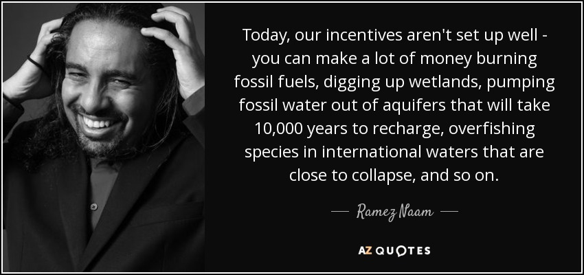 Today, our incentives aren't set up well - you can make a lot of money burning fossil fuels, digging up wetlands, pumping fossil water out of aquifers that will take 10,000 years to recharge, overfishing species in international waters that are close to collapse, and so on. - Ramez Naam