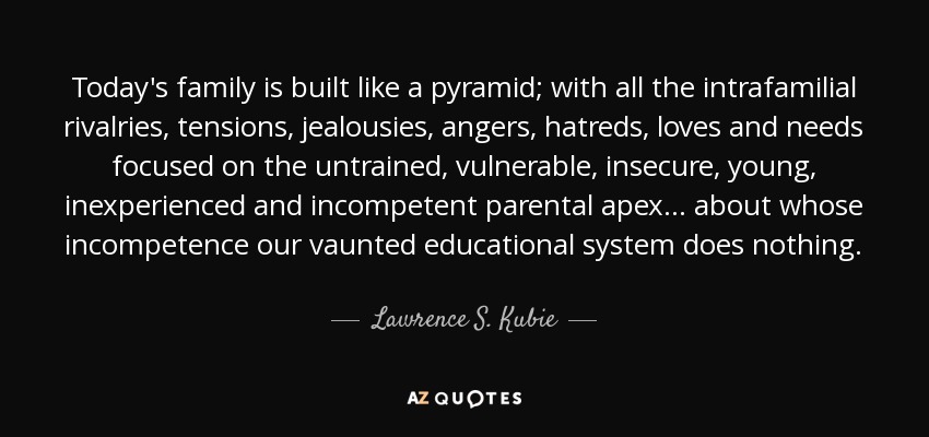 Today's family is built like a pyramid; with all the intrafamilial rivalries, tensions, jealousies, angers, hatreds, loves and needs focused on the untrained, vulnerable, insecure, young, inexperienced and incompetent parental apex ... about whose incompetence our vaunted educational system does nothing. - Lawrence S. Kubie