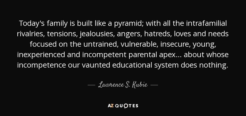 Today's family is built like a pyramid; with all the intrafamilial rivalries, tensions, jealousies, angers, hatreds, loves and needs focused on the untrained, vulnerable, insecure, young, inexperienced and incompetent parental apex ... about whose incompetence our vaunted educational system does nothing. - Lawrence S. Kubie