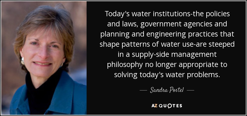 Today's water institutions-the policies and laws, government agencies and planning and engineering practices that shape patterns of water use-are steeped in a supply-side management philosophy no longer appropriate to solving today's water problems. - Sandra Postel