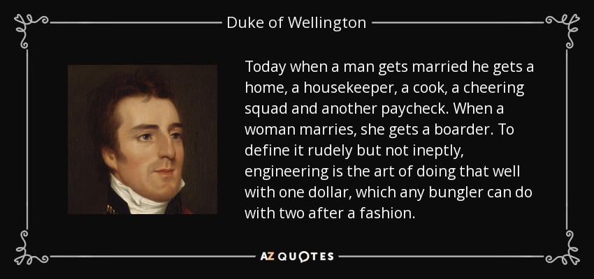 Today when a man gets married he gets a home, a housekeeper, a cook, a cheering squad and another paycheck. When a woman marries, she gets a boarder. To define it rudely but not ineptly, engineering is the art of doing that well with one dollar, which any bungler can do with two after a fashion. - Duke of Wellington