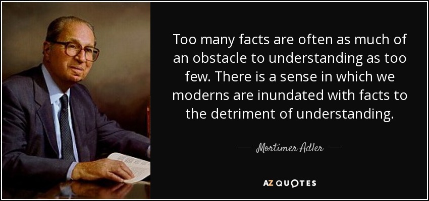 Too many facts are often as much of an obstacle to understanding as too few. There is a sense in which we moderns are inundated with facts to the detriment of understanding. - Mortimer Adler