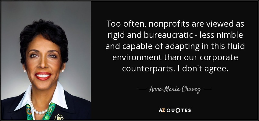 Too often, nonprofits are viewed as rigid and bureaucratic - less nimble and capable of adapting in this fluid environment than our corporate counterparts. I don't agree. - Anna Maria Chavez