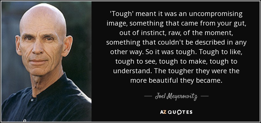 'Tough' meant it was an uncompromising image, something that came from your gut, out of instinct, raw, of the moment, something that couldn't be described in any other way. So it was tough. Tough to like, tough to see, tough to make, tough to understand. The tougher they were the more beautiful they became. - Joel Meyerowitz