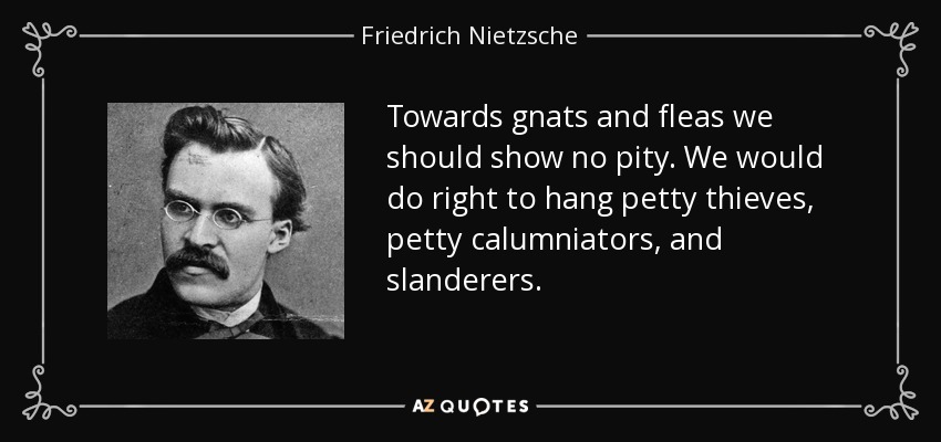Towards gnats and fleas we should show no pity. We would do right to hang petty thieves, petty calumniators, and slanderers. - Friedrich Nietzsche